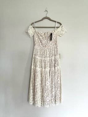 Lulu's Off-Shoulder Lace Midi Dress in Soft Cream